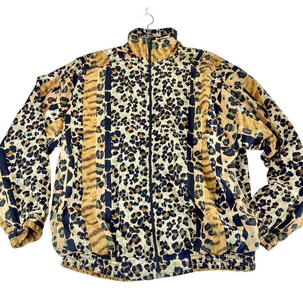 Vintage KLOZ Womens M Animal Print Windbreaker Track Jacket 80s Retro Pockets